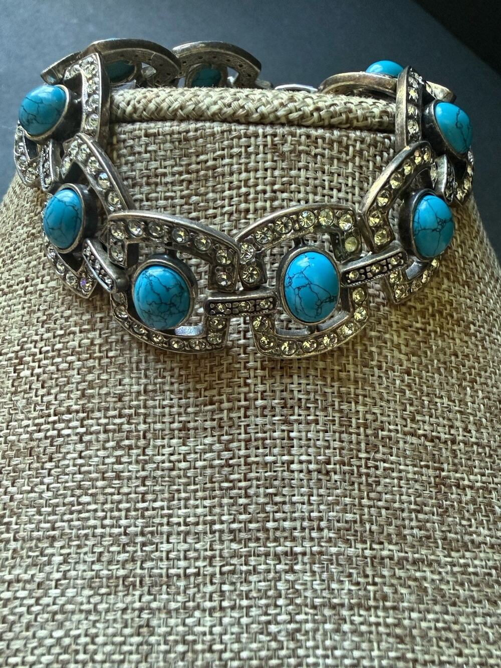 Vintage Howlite Silver Tone Link Bracelet Faux Turquoise Rhinestone Southwestern
